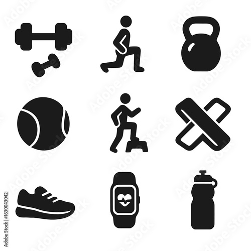 Fitness Icons Set. Solid, filled icons set of full-body toning exercises: dumbbells, lunges, kettlebells,