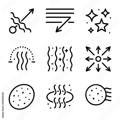 Cosmic Effects Icons. Outline icon set of cosmic microwave background effects in space: photon scattering, radiation pressure,