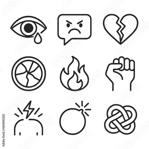 Emotional Upheaval Icons. Outline icon set of emotional upheaval: crying eye, angry speech bubble, broken heart, shattered mirror,