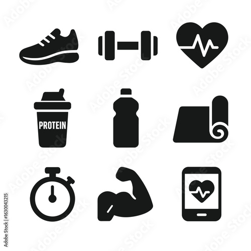 Fitness Icons Collection. Solid, filled icons set of fitness and diet integration: running shoe, dumbbell,