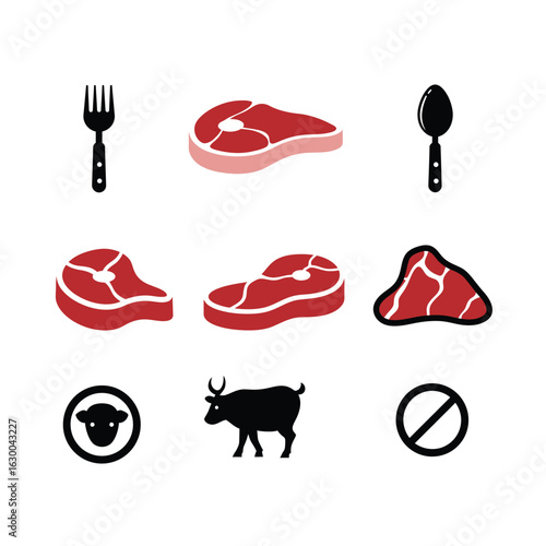 Variety of meat cuts and utensils, isolated on white background, perfect for food illustrations, restaurant menus, and culinary designs