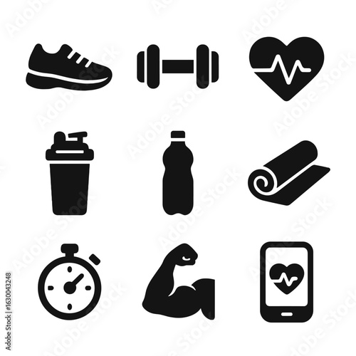 Fitness Icons Collection. Solid, filled icons set of fitness and diet integration: running shoe, dumbbell,