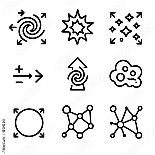 Cosmic Expansion Icons. Outline icon set of cosmic expansion: expanding galaxy, big bang explosion, star cluster, cosmic horizon,