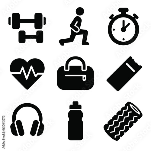 Fitness Essentials Icons. Solid, filled icons set of fitness training essentials: dumbbells, lunges, stopwatch