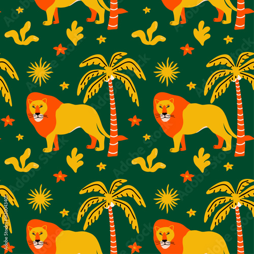 Wild jungle animal, exotic flowers, tropical plants cartoon vector seamless pattern design in groovy funky colorful boho style with illustration of lion, leaves, palm tree	

