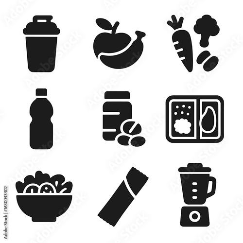 Fitness Nutrition Icons. Solid, filled icons set of nutrition for fitness: protein shake, fruits, vegetables,