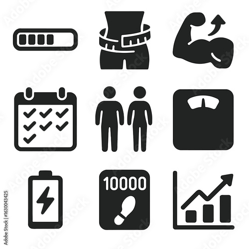 Fitness Progress Icons. Solid, filled icons set of fitness progress tracking: progress bar, body measurement
