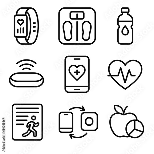 Fitness Tech Icon Set. Outline icon set of fitness and wellness tech: activity tracker, smart scale, hydration