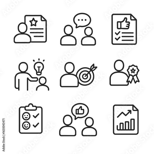 Employee Feedback Icons. Outline icon set of employee feedback: performance review, one-on-one meeting, feedback form, coaching,