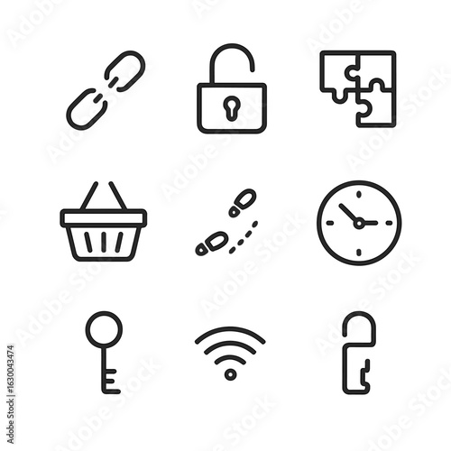 Emptiness Metaphor Icons. Outline icon set of emptiness metaphors: broken chain, open lock, missing puzzle piece, empty basket,