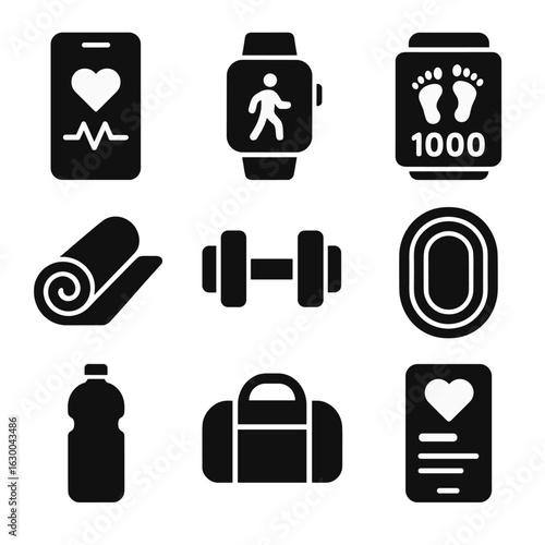 Fitness Technology Icons. Solid, filled icons set of Mobile fitness technology: smartphone, smartwatch, step