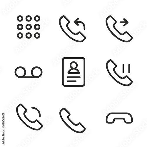 Phone Call Icon Set. Outline icon set of phone call functions: dial pad, incoming call, outgoing call, missed call, voicemail,