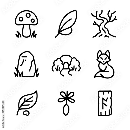 Enchanted Forest Icons. Outline icon set of enchanted forest: glowing mushroom, fairy wing, twisted tree, ancient stone, hidden