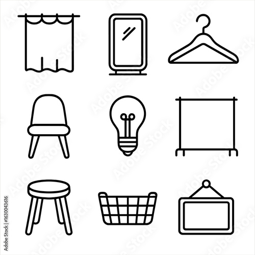 Fitting Room Essentials. Outline icon set of fitting room essentials: curtain, mirror, hanger, chair, light