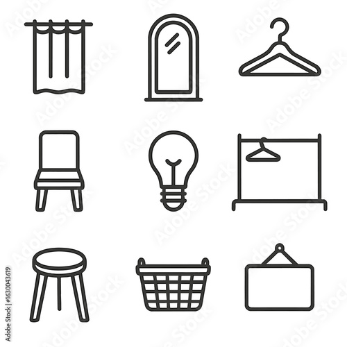 Fitting Room Essentials. Outline icon set of fitting room essentials: curtain, mirror, hanger, chair, light