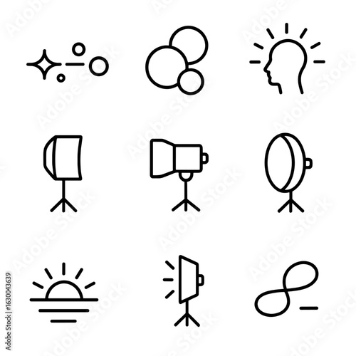 Photography Light Icons. Outline icon set of light effects in photography: lens flare outline, bokeh circles, silhouette backlight
