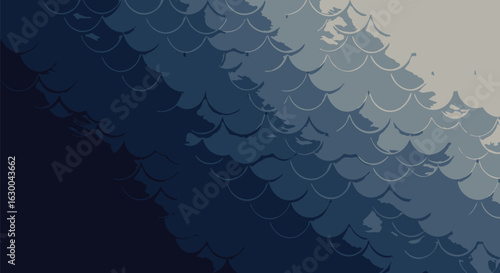 Abstract graphic design featuring overlapping, textured scales in shades of blue.