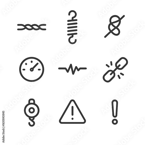Physical Tension Icons. Outline icon set of physical tension: stretched rope, spring, tight knot, pressure meter, strained wire,