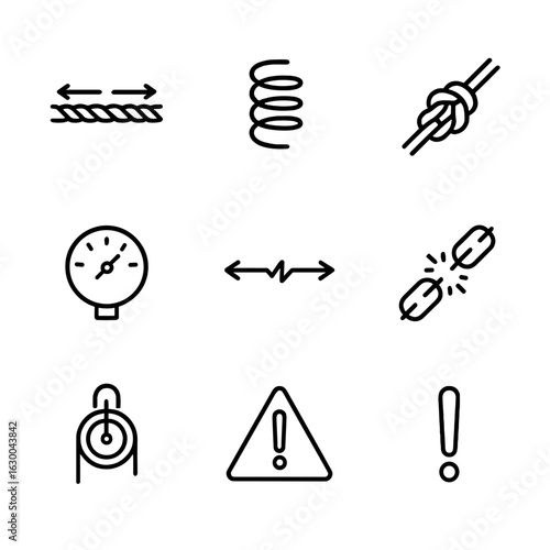 Physical Tension Icons. Outline icon set of physical tension: stretched rope, spring, tight knot, pressure meter, strained wire,