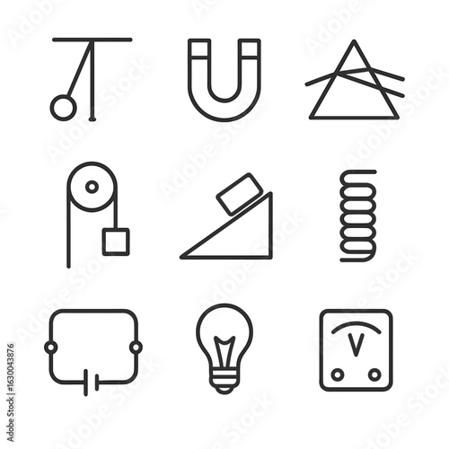 Physics Experiment Icons. Outline icon set of physics experiments: pendulum, magnet, prism, pulley, inclined plane, spring,