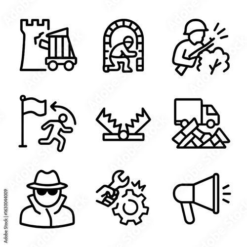 Enemy Strategy Icons. Outline icon set of enemy strategies: siege, infiltration, ambush, retreat, trap, blockade, espionage,