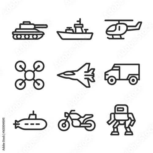 Enemy Vehicles Icon Set. Outline icon set of enemy vehicles: tank, warship, helicopter, drone, jet fighter, armored truck,