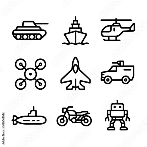 Enemy Vehicles Icon Set. Outline icon set of enemy vehicles: tank, warship, helicopter, drone, jet fighter, armored truck,
