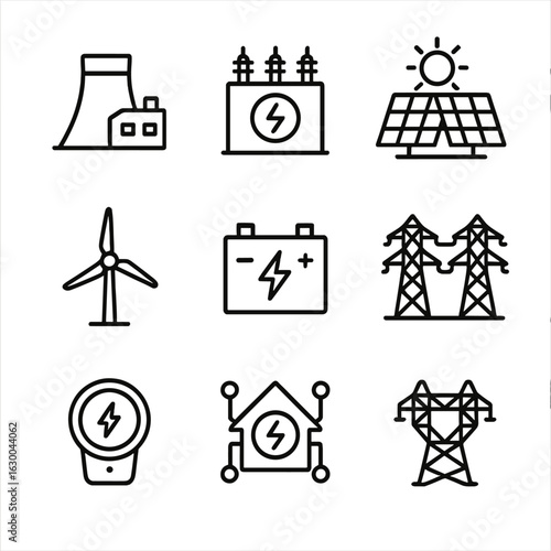 Energy Icons Set. Outline icon set of energy hubs: power plant, transformer station, solar farm, wind turbine hub, battery storage