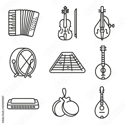 Folk Instruments Icons. Outline icon set of folk music elements: accordion, fiddle, hurdy-gurdy, banjo,