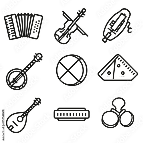 Folk Instruments Icons. Outline icon set of folk music elements: accordion, fiddle, hurdy-gurdy, banjo,