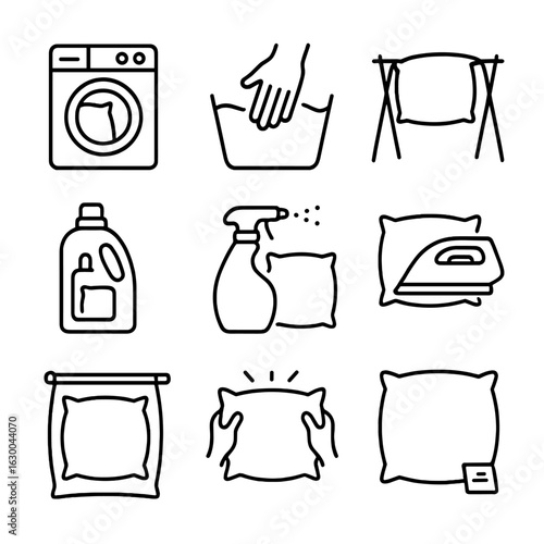 Pillow Care Icons. Outline icon set of pillow care: washing machine, hand wash, drying rack, fabric softener, stain remover,