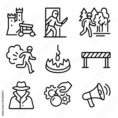 Enemy Strategy Icons. Outline icon set of enemy strategies: siege, infiltration, ambush, retreat, trap, blockade, espionage,