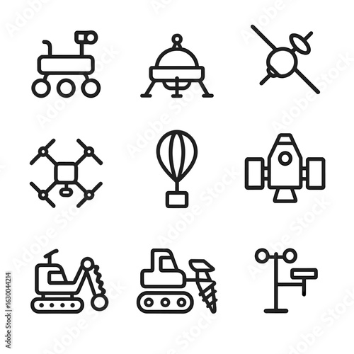Planetary Exploration Icons. Outline icon set of planetary exploration vehicles: rover, lander, probe, drone, balloon, spacecraft,