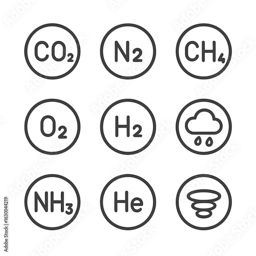 Planetary Atmosphere Icons. Outline icon set of planetary atmospheres: carbon dioxide, nitrogen, methane, oxygen, hydrogen,