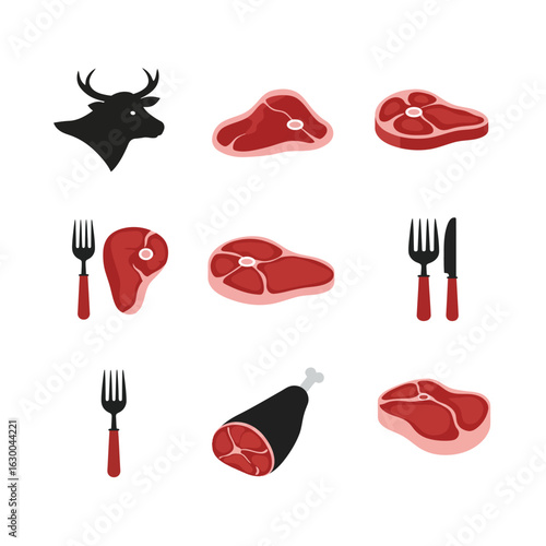 Assorted meat cuts and grilling tools, isolated on white background, perfect for food illustrations, restaurant menus, and culinary designs