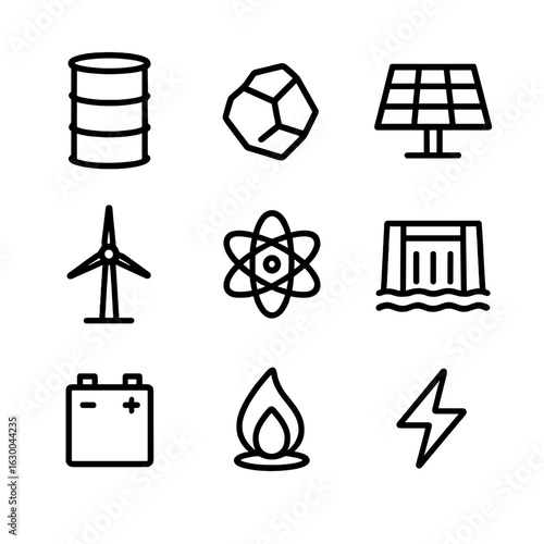 Energy Icons Collection. Outline icon set of energy sources: oil barrel, coal lump, solar panel, wind turbine, nuclear atom, hydro