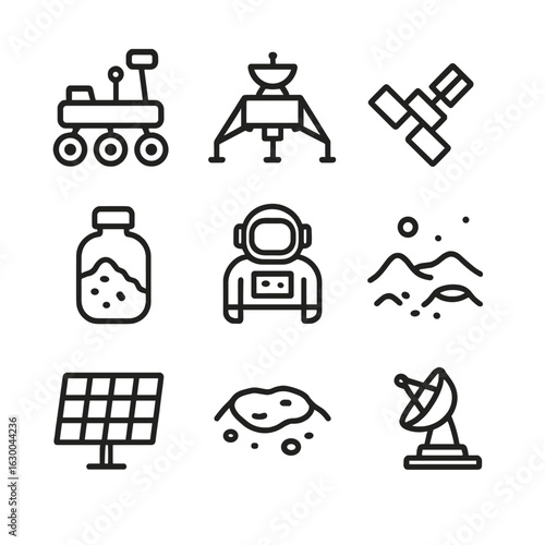 Planetary Exploration Outline Icons. Outline icon set of planetary exploration: rover, lander, satellite, space suit, sample