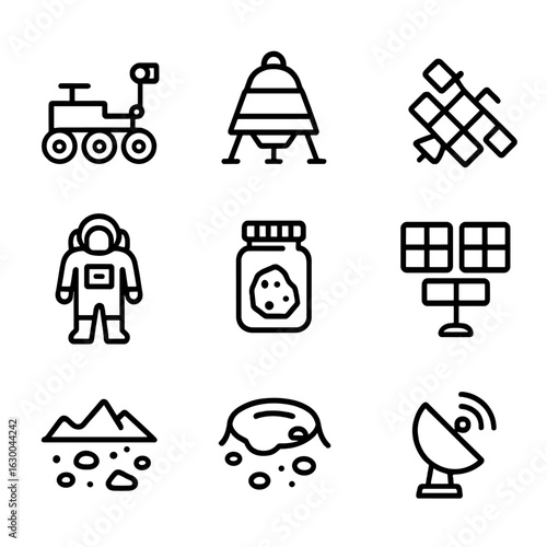 Planetary Exploration Outline Icons. Outline icon set of planetary exploration: rover, lander, satellite, space suit, sample