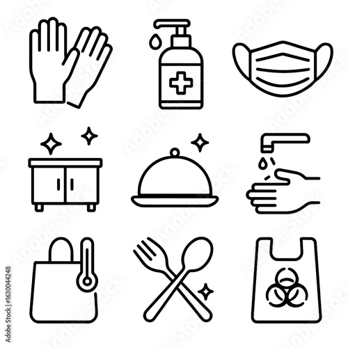 Food Safety Icons. Outline icon set of food safety and hygiene: gloves, sanitizer, masks, clean counters, food