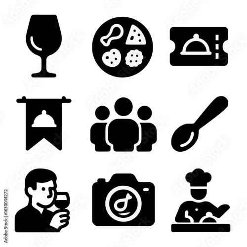Food Tasting Icons. Solid, filled icons set of food tasting events: tasting glass, sampler plate, food ticket,