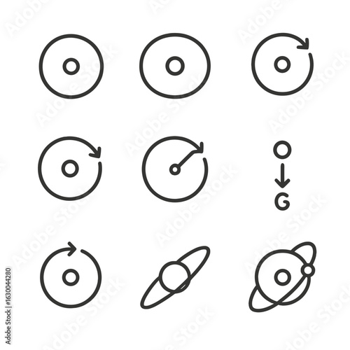 Planetary Orbits Icons. Outline icon set of planetary orbits: circular orbit, elliptical orbit, perihelion, aphelion, orbital