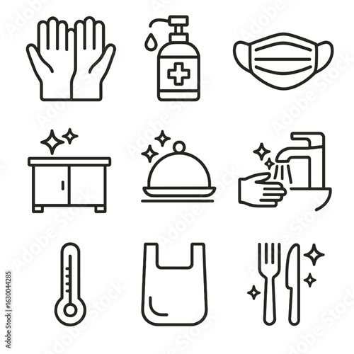 Food Safety Icons. Outline icon set of food safety and hygiene: gloves, sanitizer, masks, clean counters, food