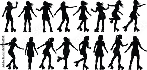 Roller skating girl silhouette set, female skater poses collection, active lifestyle vector, dancing on skates, black isolated illustration

