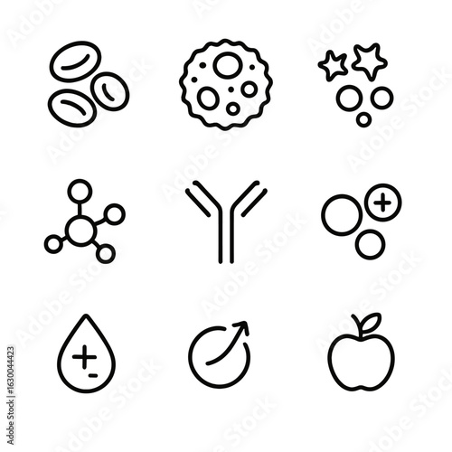 Plasma Components Icons. Outline icon set of plasma components: red blood cells, white blood cells, platelets, plasma proteins,