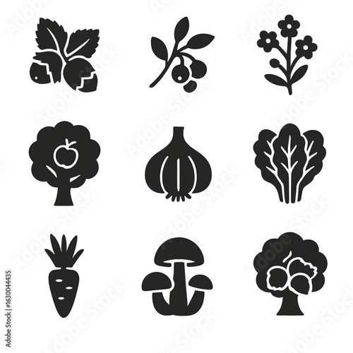 Forest Plant Icons. Solid, filled icons set of edible forest plants: hazelnut bush, berry cluster, medicinal