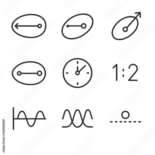 Pluto Orbital Mechanics Icons. Outline icon set of Pluto orbital mechanics: semi-major axis ellipse, eccentricity indicator,