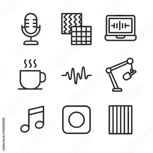 Podcast Icon Set. Outline icon set of podcast production: studio mic, foam panel, laptop with DAW, coffee cup, waveform icon, mic