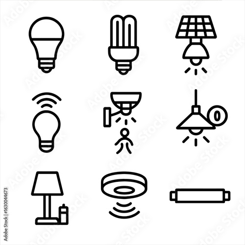 Energy-Efficient Light Icons. Outline icon set of energy-efficient illumination: LED bulb, compact fluorescent lamp, solar lamp,
