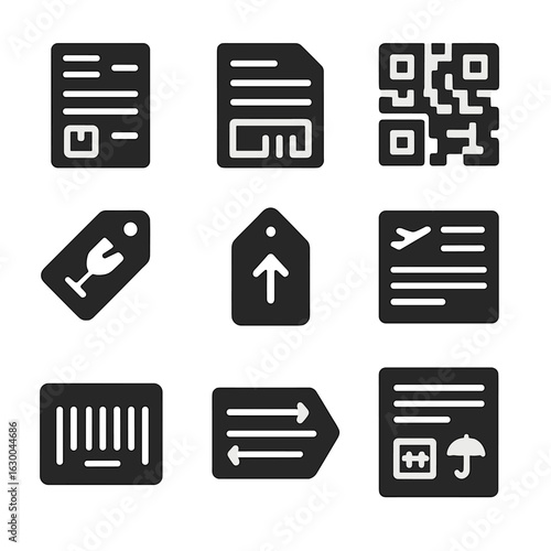 Freight Documentation Icons. Solid, filled icons set of freight documentation and labels: packing list,