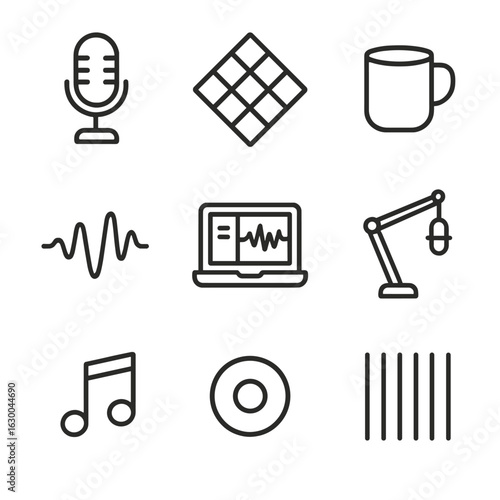 Podcast Icon Set. Outline icon set of podcast production: studio mic, foam panel, laptop with DAW, coffee cup, waveform icon, mic